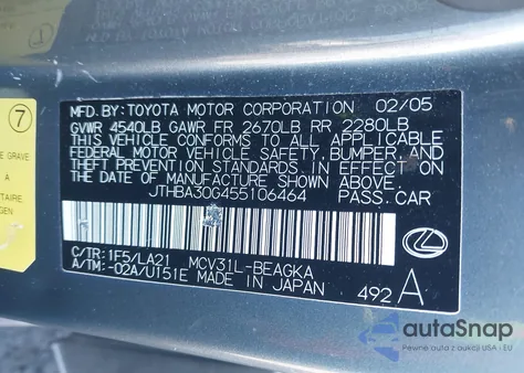 2005 Lexus Es 330 из США, поврежденный, VIN JTHBA30G455106464